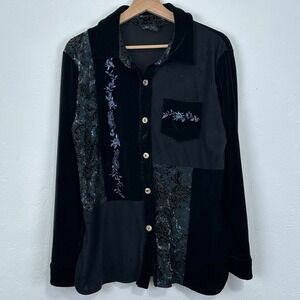 VTG Womens Whimsigoth Artsy Shirt Sz M Velvet Mix Media Button Long Sleeve Black